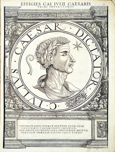 Julio César, ilustración de Imperatorum romanorum omnium orientalium et occidentalium verissimae imagines ex antiquis numismatis de Hans Rudolf Manuel Deutsch